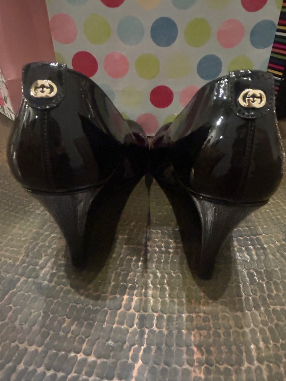 Gucci Black Patent Leather Heels with Gold Logo